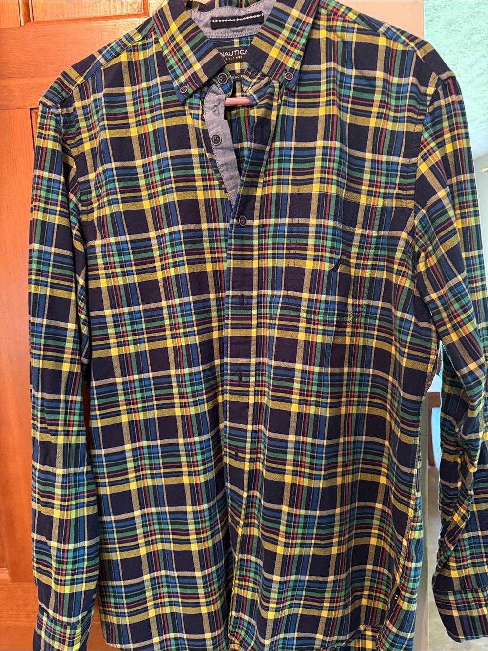 Nautica Plaid Button-Down Shirt in Navy, Yellow, Green